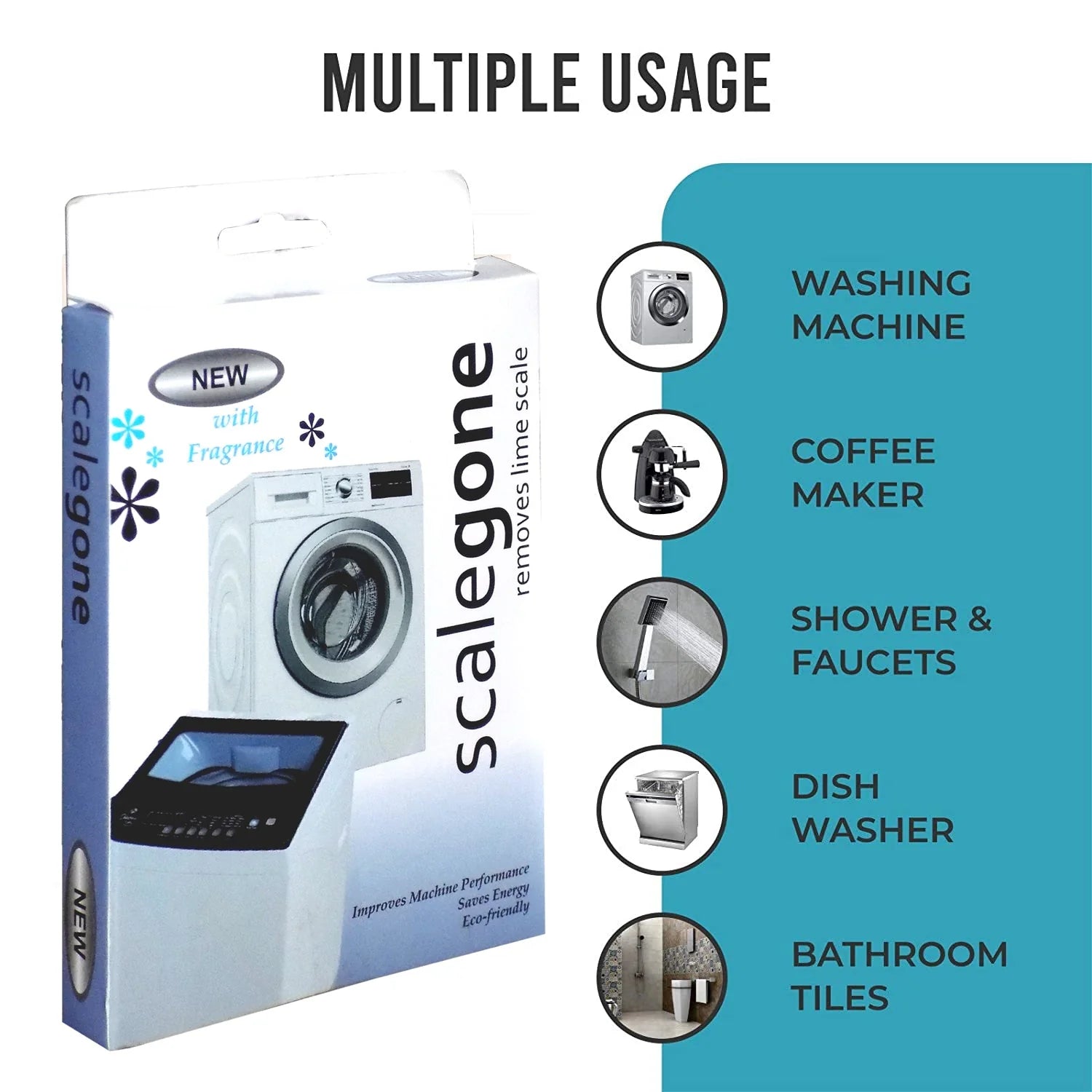 Features of the washing machine cleaner highlighted, including odor removal and descaling