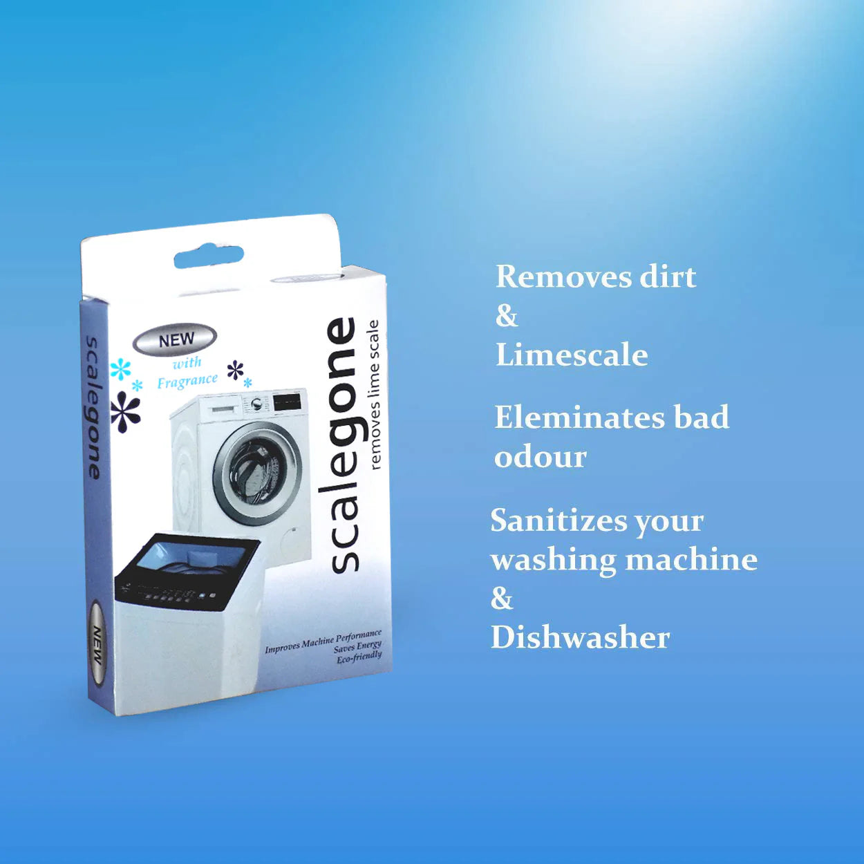 Top-load washing machine with descaling powder being poured into the drum