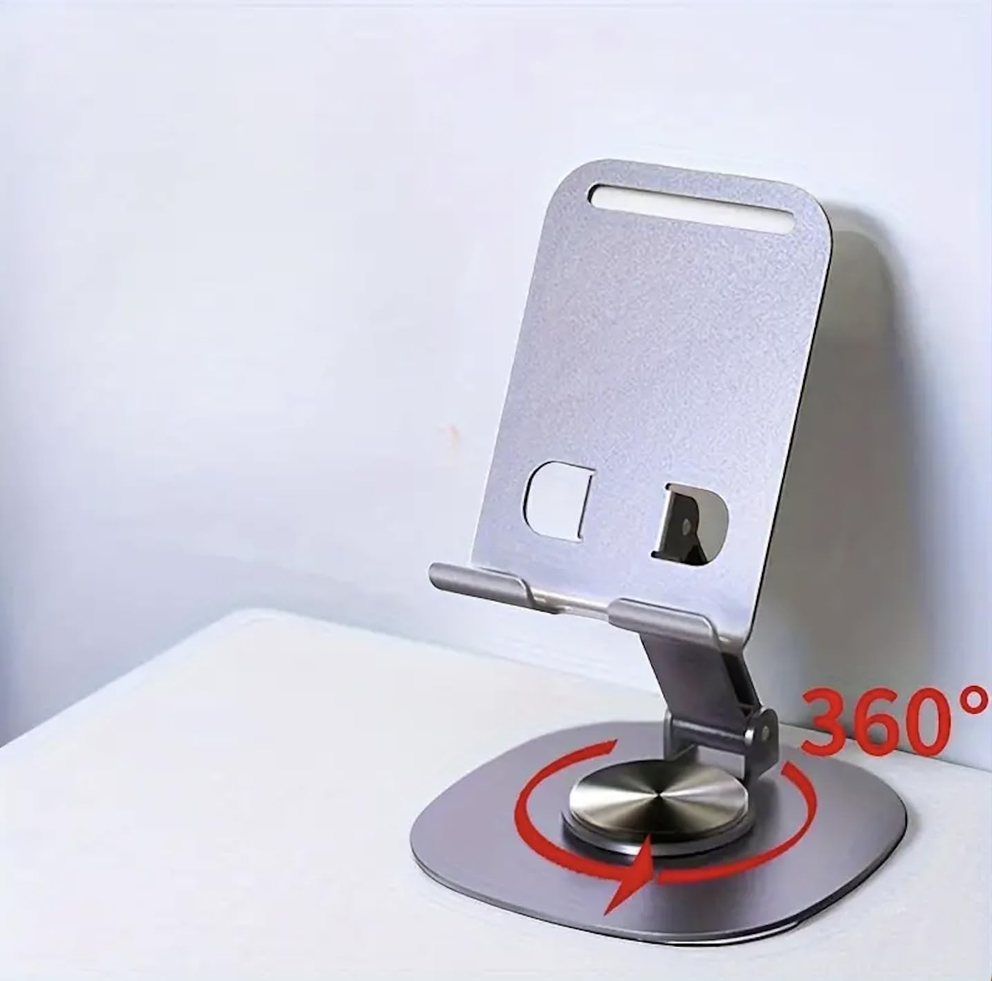 Phone Stand, 360°Rotation Height Adjustable Phone Holder for Desk, Thick Case Friendly Foldable Portable Metal Base Stand Compatible with All Mobile Phone 4-10"