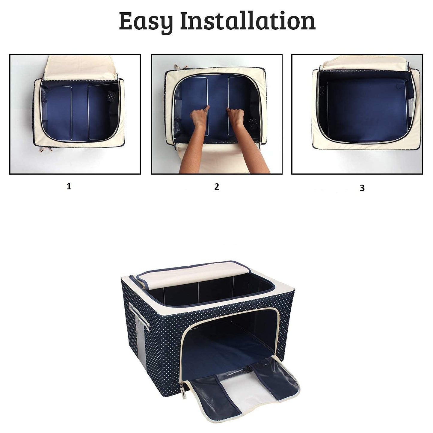 Open view of 66 Ltr Foldable Steel Frame Clothes Organizer Bag with durable fabric and zipper