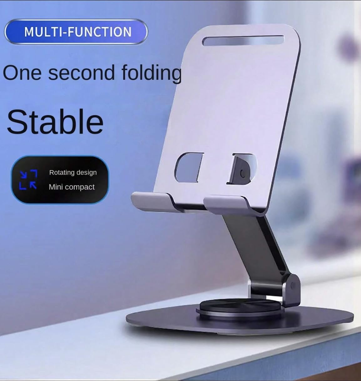 Phone Stand, 360°Rotation Height Adjustable Phone Holder for Desk, Thick Case Friendly Foldable Portable Metal Base Stand Compatible with All Mobile Phone 4-10"
