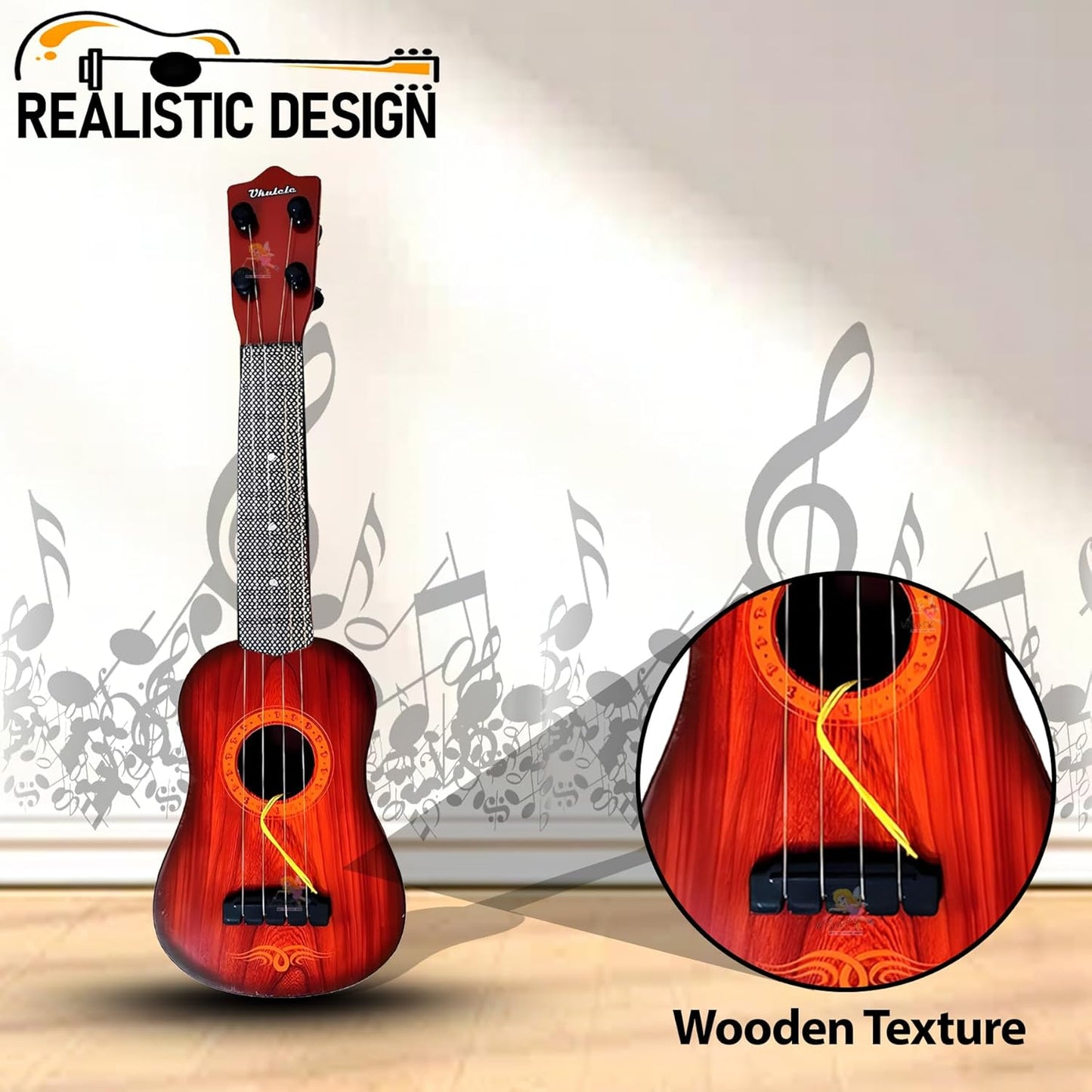 Close-up of the guitar's strings and wooden texture