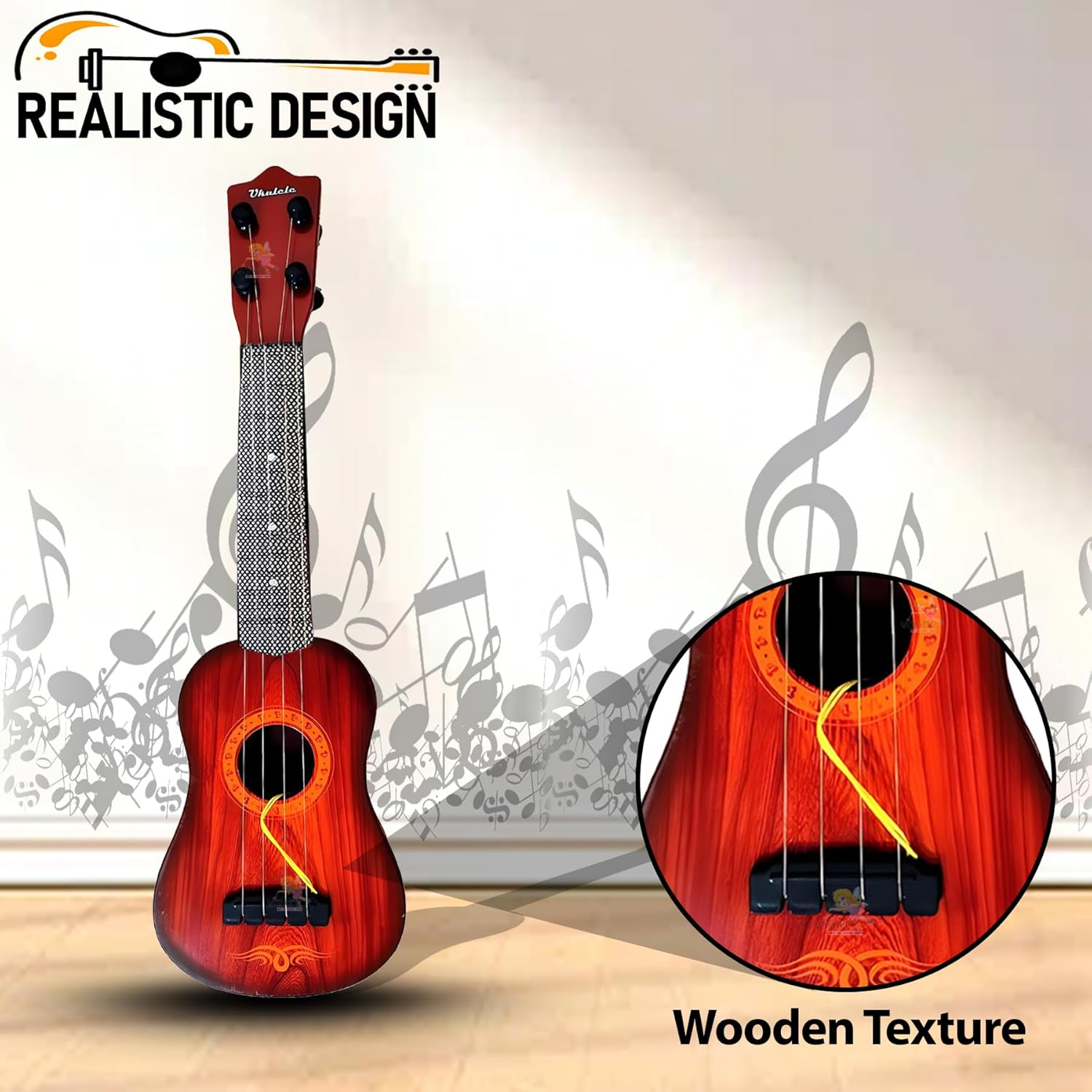 Close-up of the guitar's strings and wooden texture