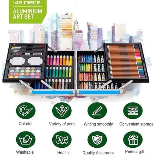 Open unicorn color box showing pencils, pastels, and tools