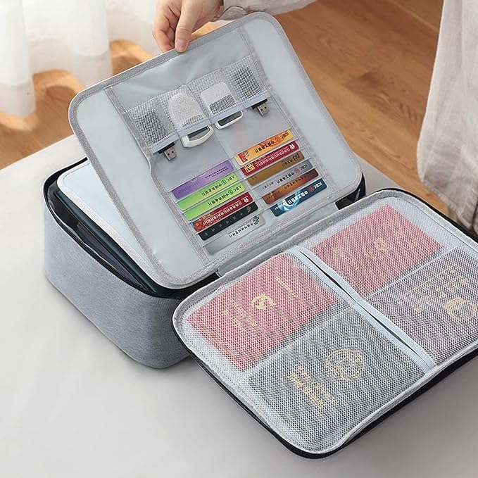 Organizer in use for travel, with documents being stored or removed