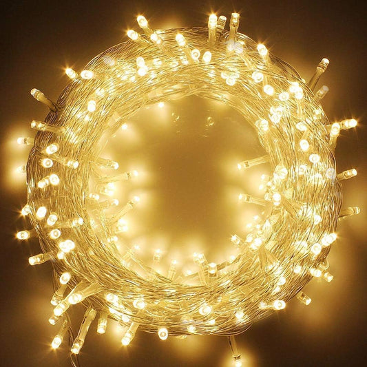 10-meter LED string light glowing warmly in a festive setup