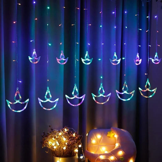 12 Diya 138 LED curtain string lights with a festive multicolor glow