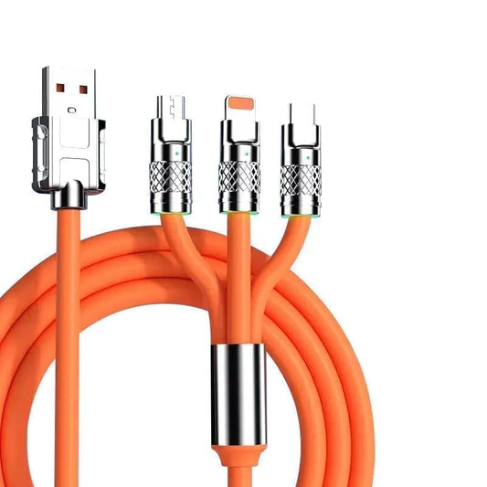 3-in-1 fast charging data cable with USB, Type-C, and Micro-USB connectors in orange