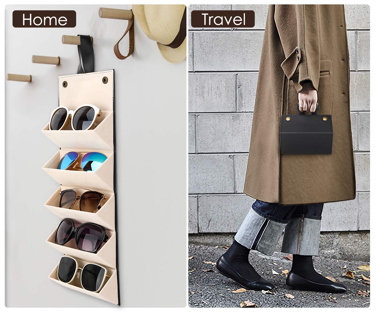 Decawall Sunglasses Organizer with 5 Slots, Travel Glasses Case Storage Portable Sunglasses Storage Case Bag Foldable Eyeglasses Holder Box Eyewear Display Containers for Women Men, Black