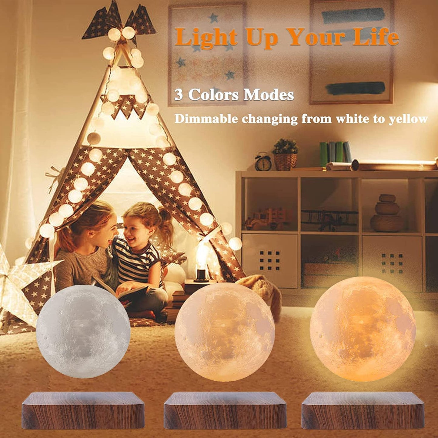 Decawall Magnetic Levitating Moon Lamp – 3-Color Dimmable LED Night Light with Wooden Base | Floating Moon Light for Home & Office Decor