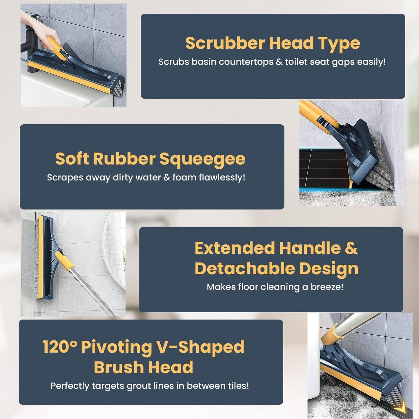 Bathroom brush scrubbing tiles and floor surfaces