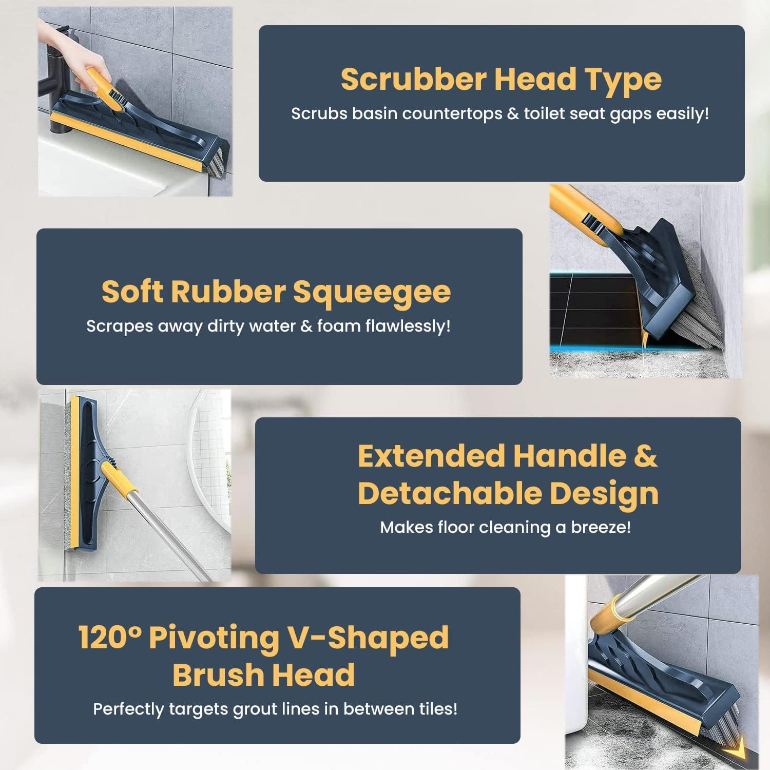Bathroom brush scrubbing tiles and floor surfaces