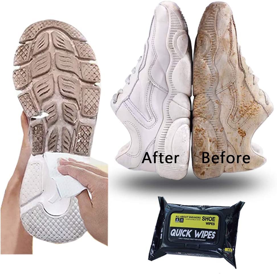 Before and after cleaning sneakers using DECAWALL shoe wipes