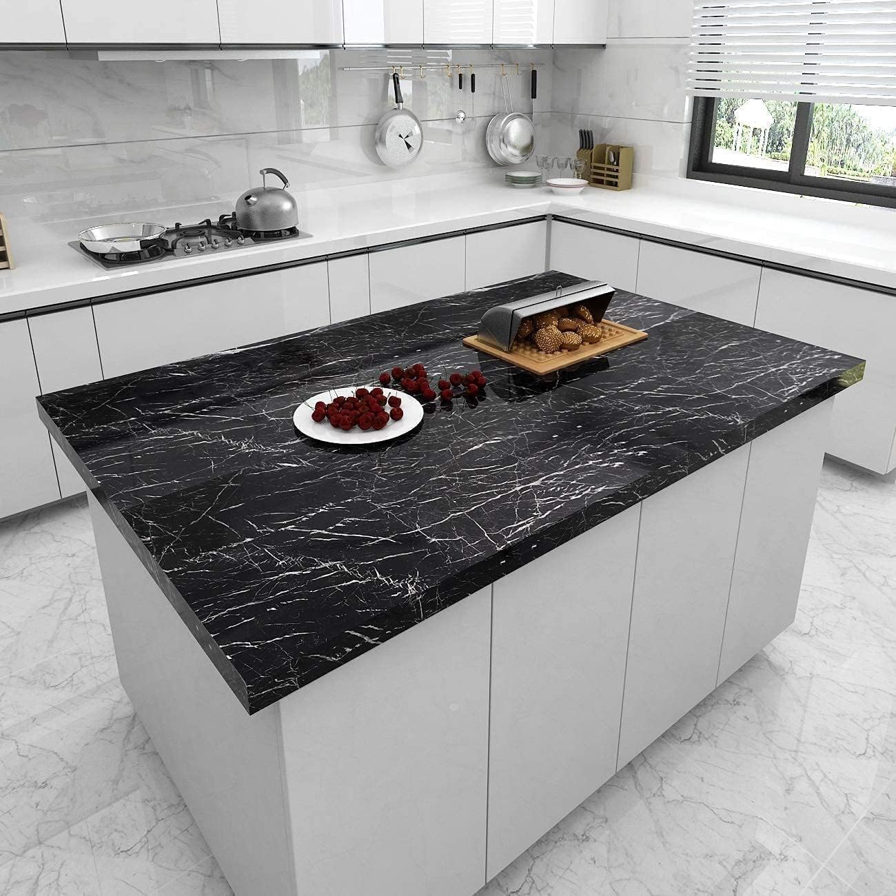 Close-up of black marble pattern on self-adhesive paper