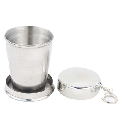 Close-up of the foldable stainless steel camping mug design