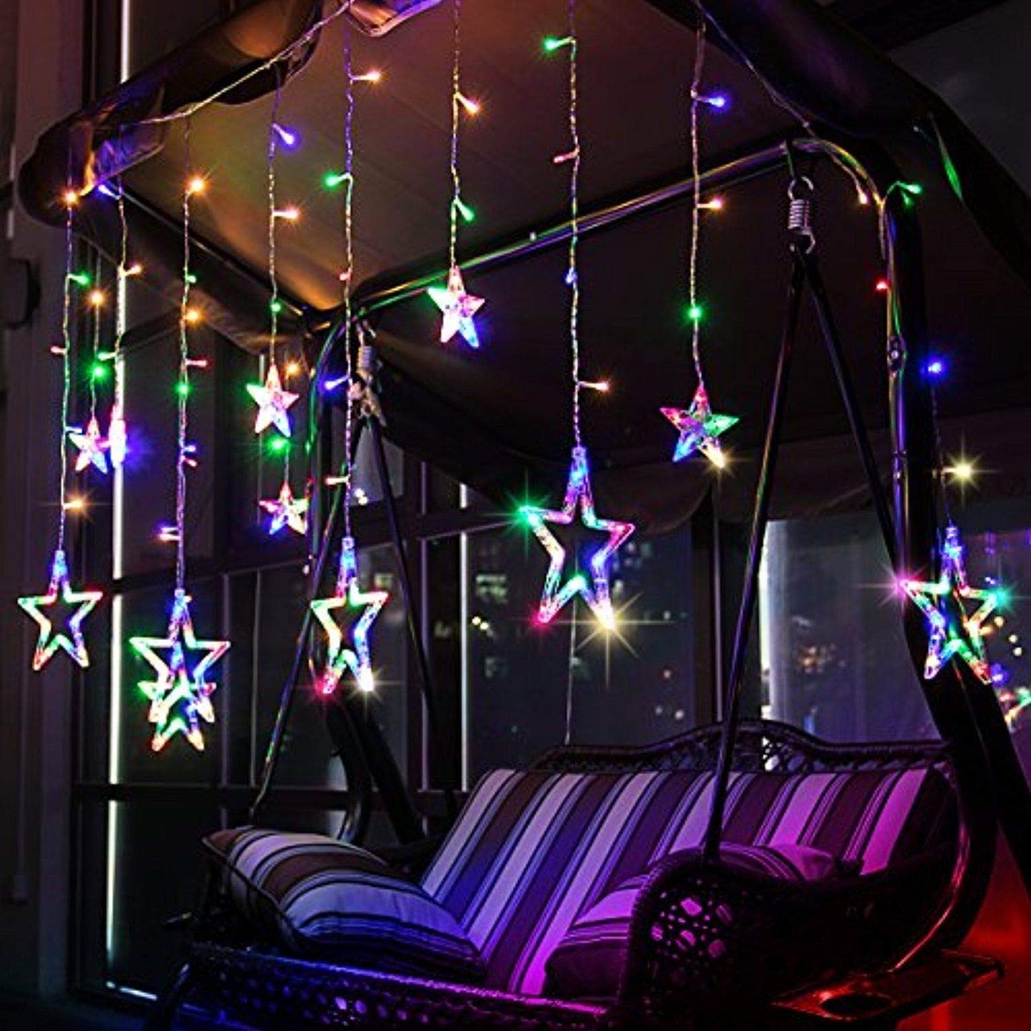 Close-up of the star-shaped LED lights in the string