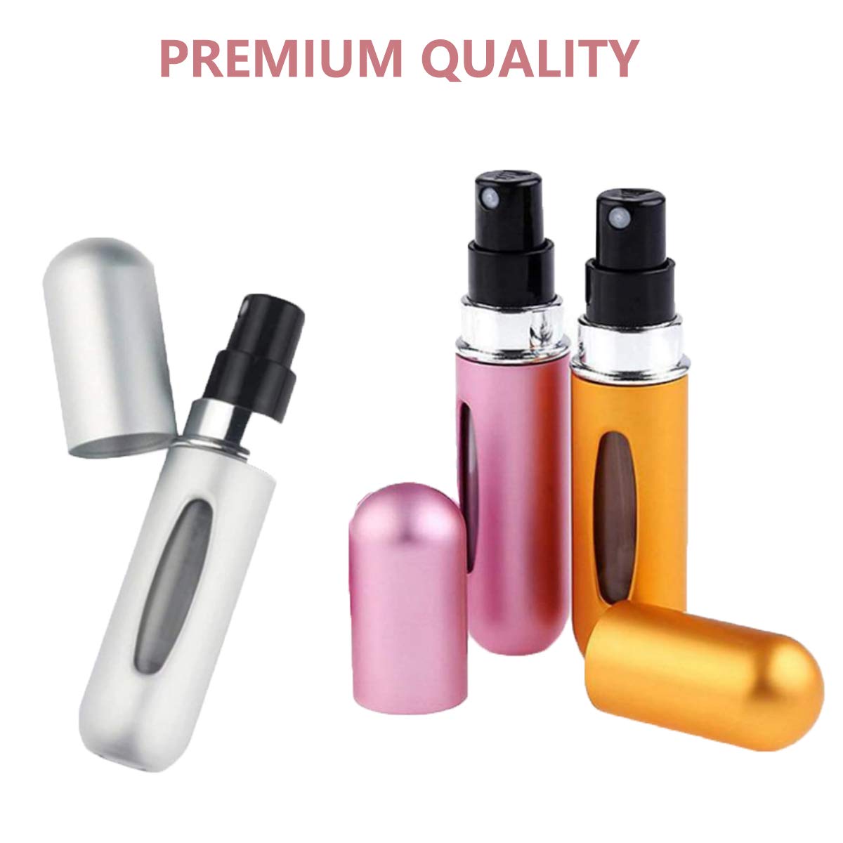 Compact refillable perfume atomizer in use during travel