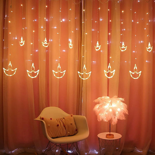 DECAWALL 12 Diyas Window Curtain Lights with 8 Flashing Modes for Party and Home Decoration