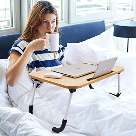 DECAWALL Wooden Laptop Table in a compact office workspace