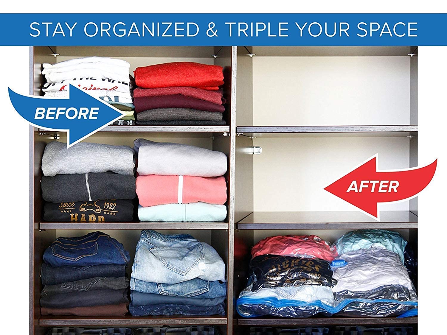 DECAWALL vacuum bags efficiently saving space in a closet or luggage