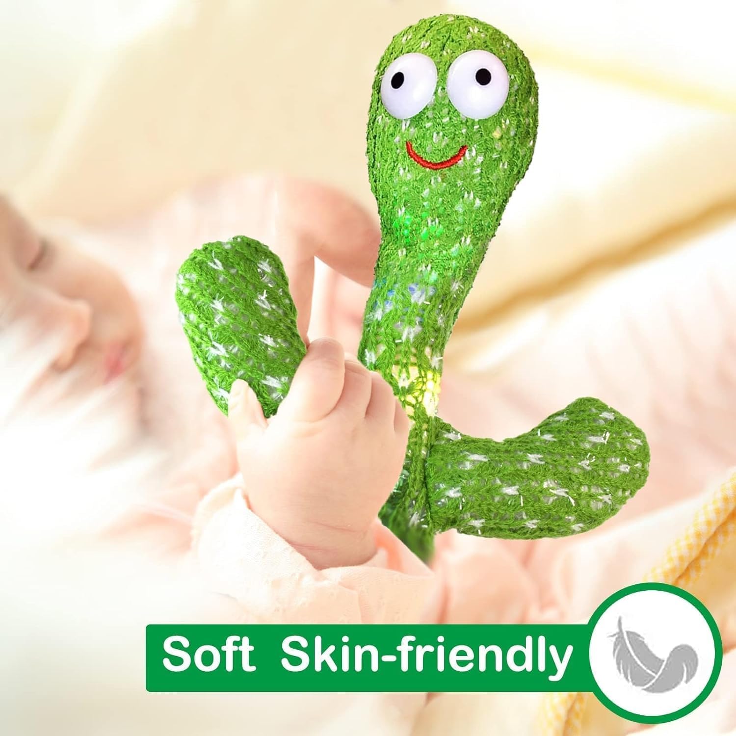Dancing cactus toy in vibrant green with smiley face