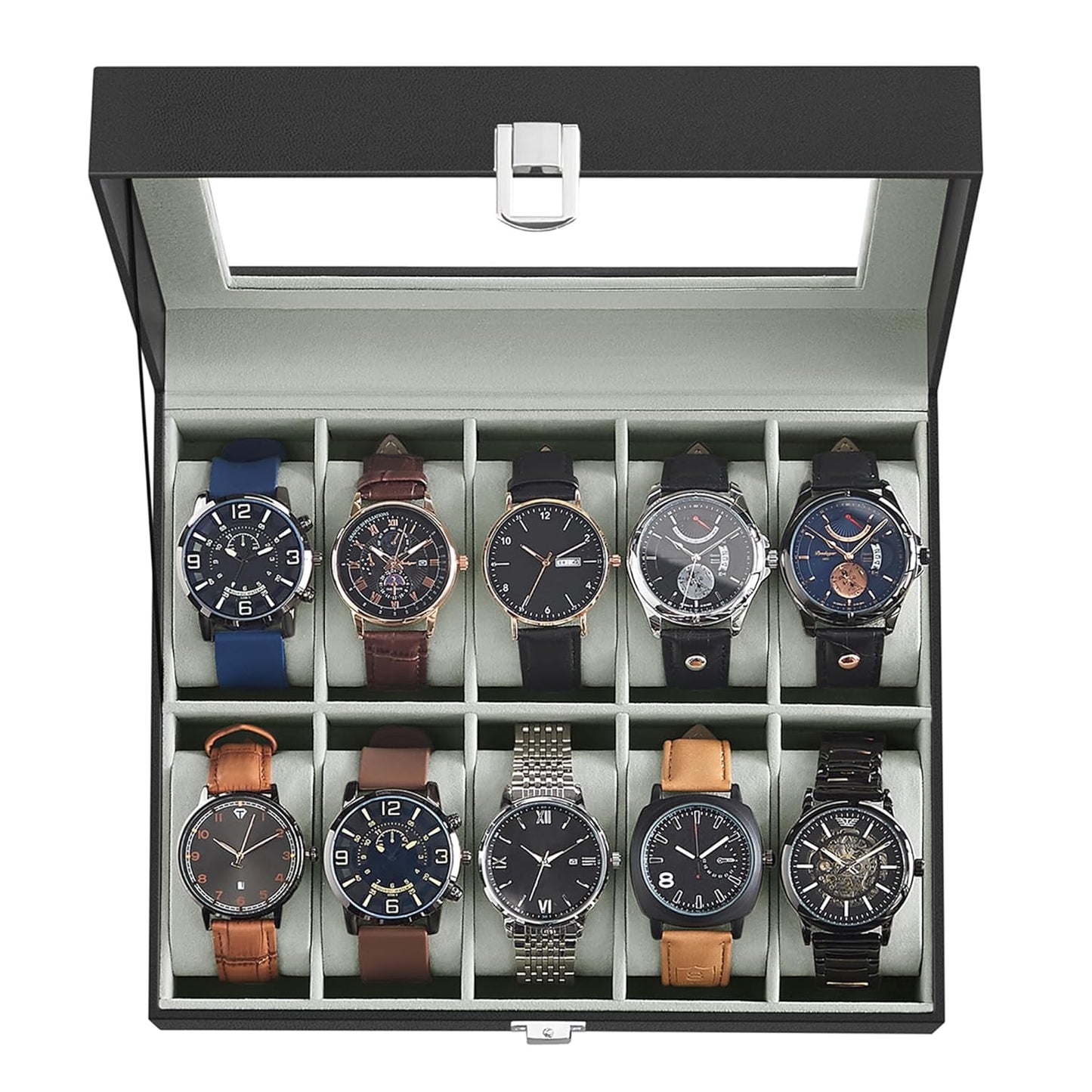 Decawall 10-slot black synthetic leather watch box with glass lid