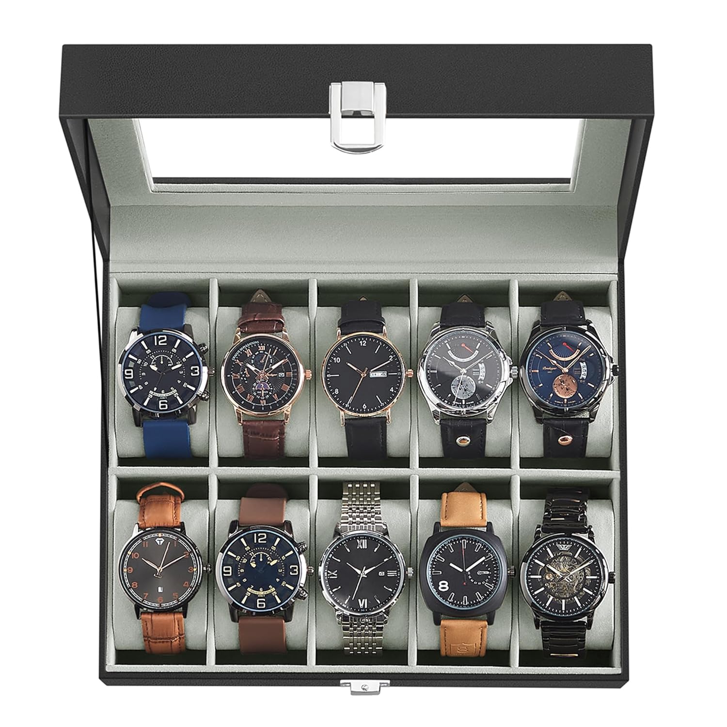 Decawall 10-slot black synthetic leather watch box with glass lid