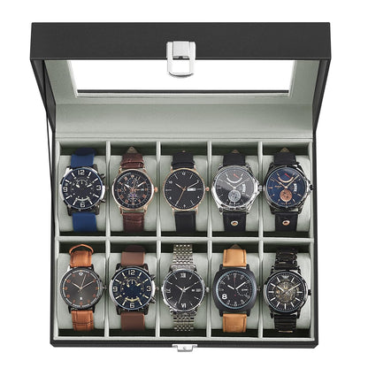 Decawall 10-slot black synthetic leather watch box with glass lid
