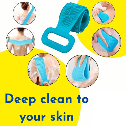 Demonstration of deep skin exfoliation with the back scrubber
