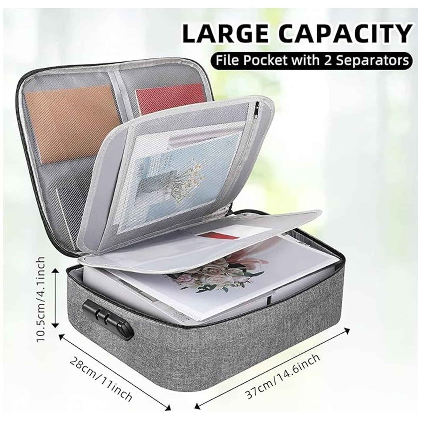 Display showing the organizer's compartments filled with documents and files