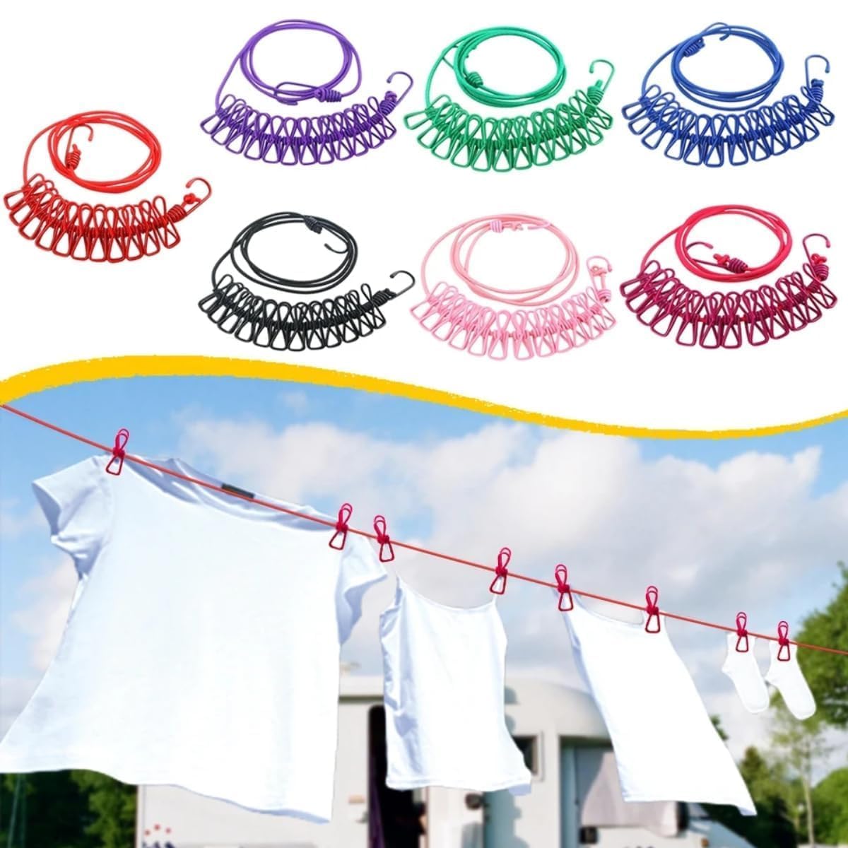 Elastic cloth drying rope with 12 clips and hooks for drying clothes