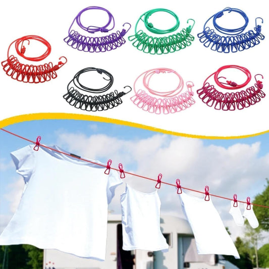 Elastic cloth drying rope with 12 clips and hooks for drying clothes