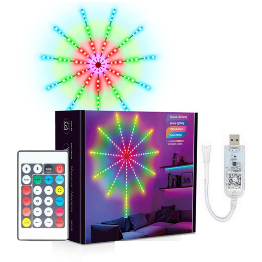 Firework LED lights glowing in vibrant colors in a festive room