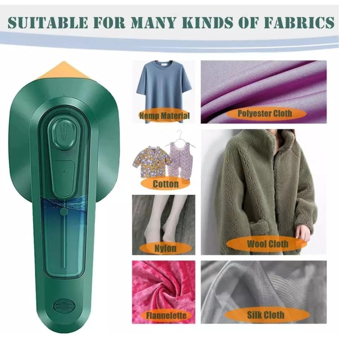 Handheld garment steamer removing wrinkles from a white shirt