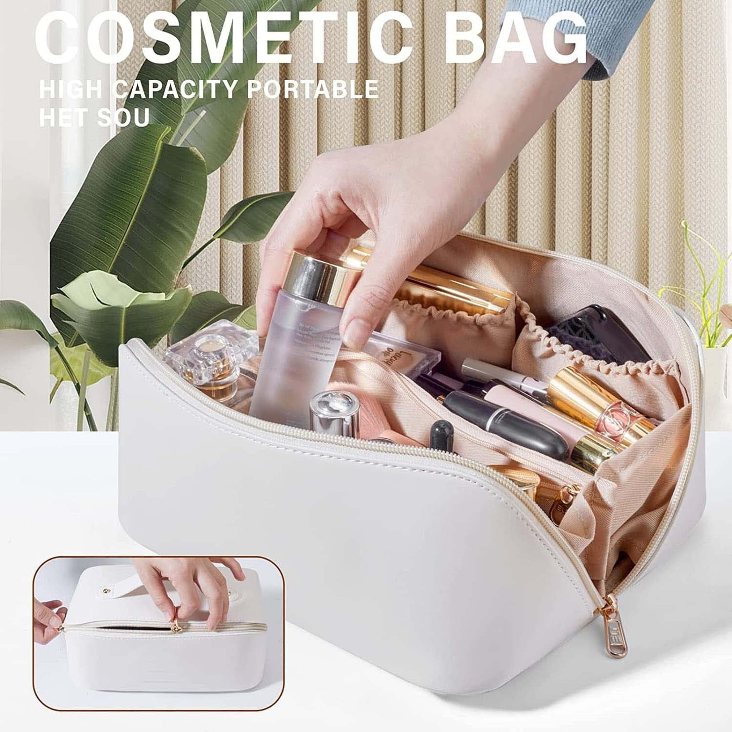 Large capacity pink makeup bag with compartments for cosmetics