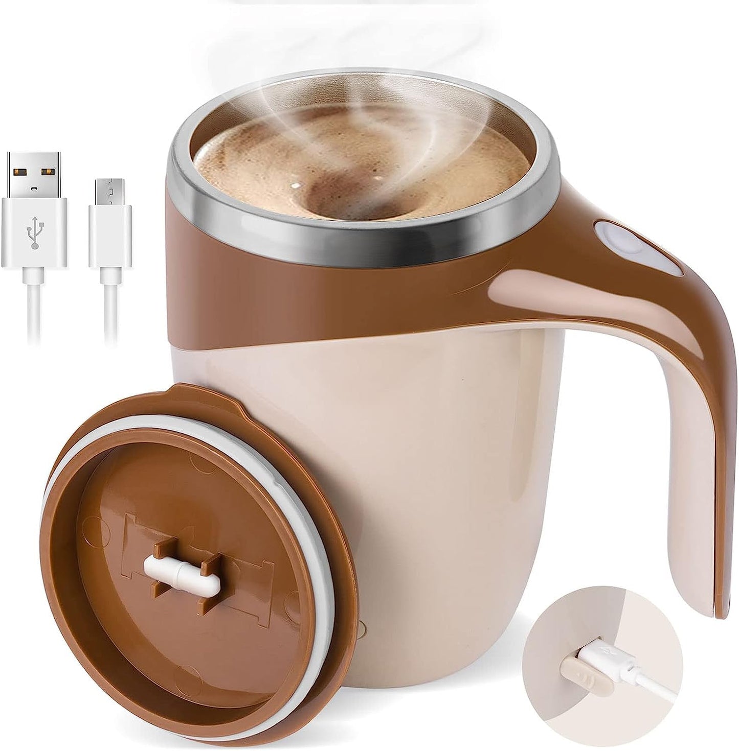 Magnetic stirring coffee mug in use, demonstrating smooth mixing of coffee with one-touch operation