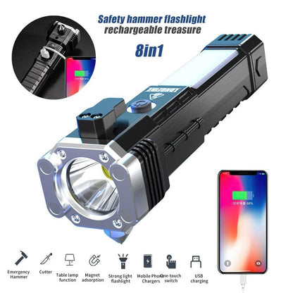 Multi-functional rechargeable torch light with seat belt cutter