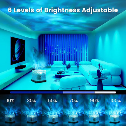 Ocean wave projector light illuminating a cozy bedroom