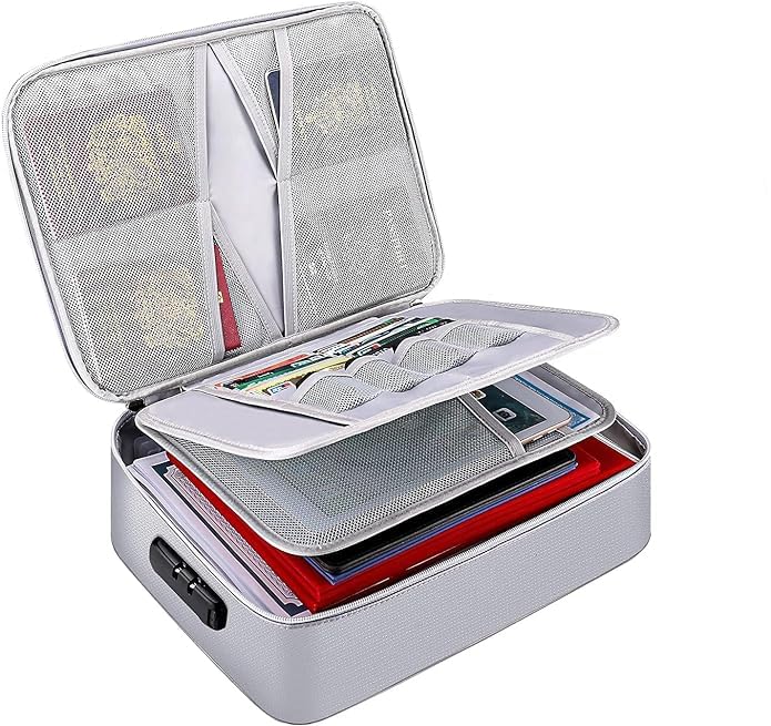 Polyester travel file organizer showing multiple layers and lock feature