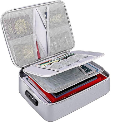 Polyester travel file organizer showing multiple layers and lock feature