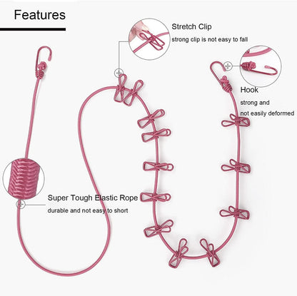 Portable drying rope set up in a compact space with clothes hanging securely
