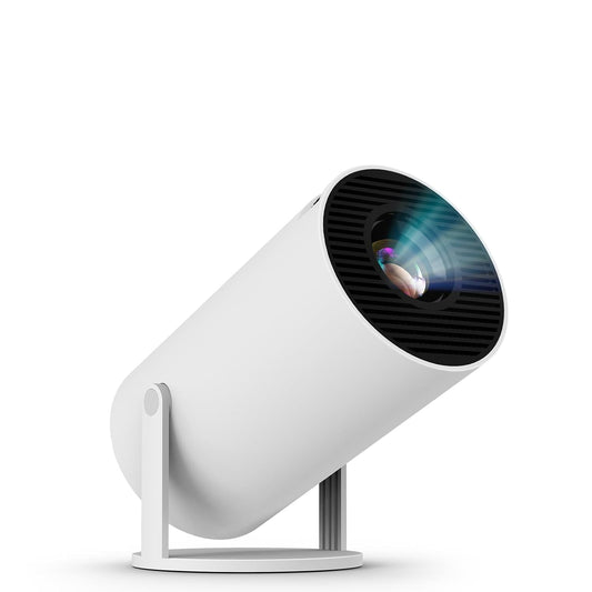 Portable mini projector with 4K and 1080p resolution, showcasing compact design and connectivity ports