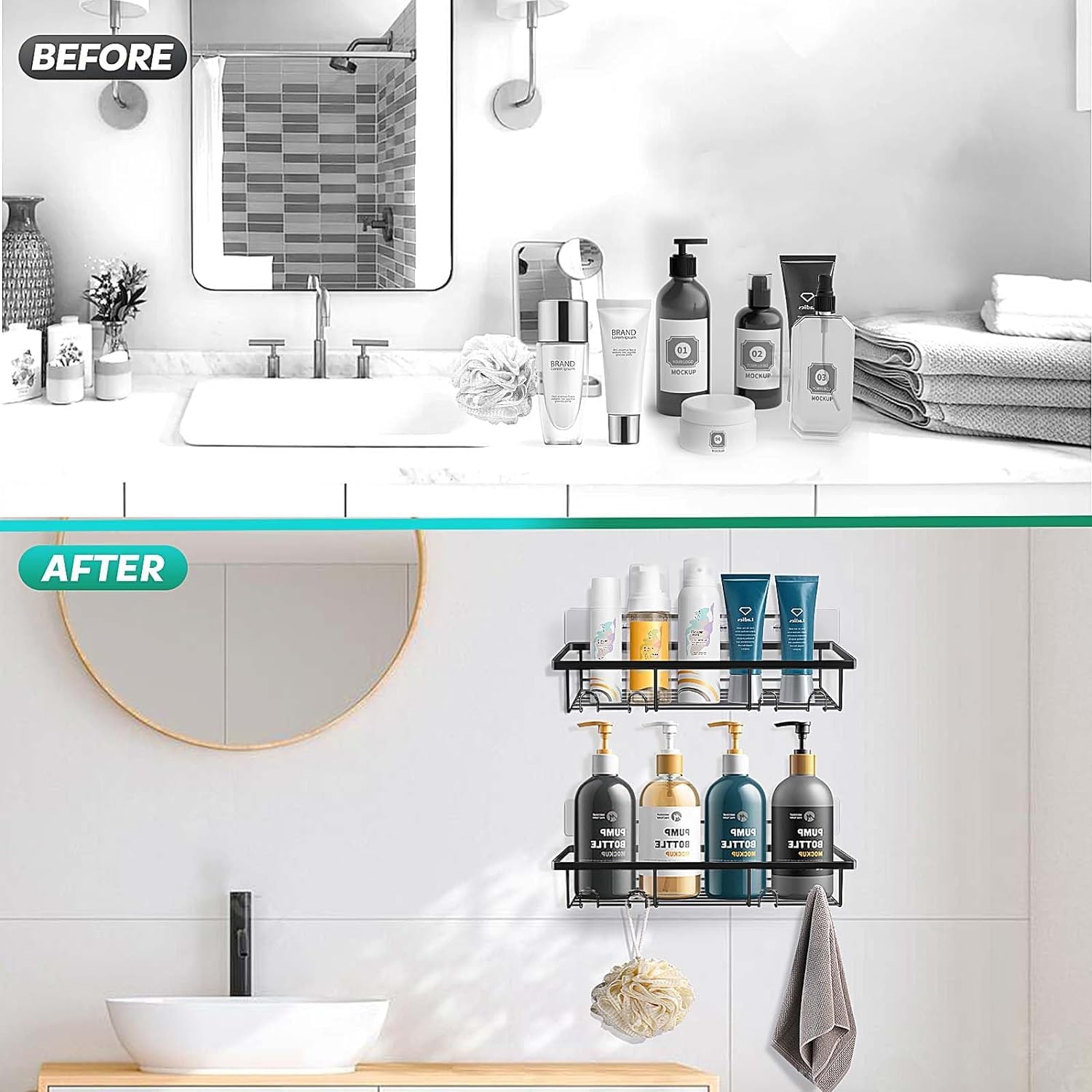 Shelf holding shampoo, soap, and toiletries in a bathroom