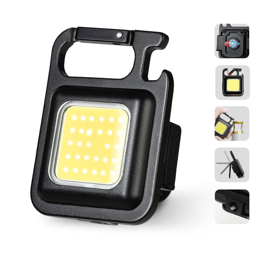 Small LED rechargeable keychain flashlight with 4 light modes and multi-functional features