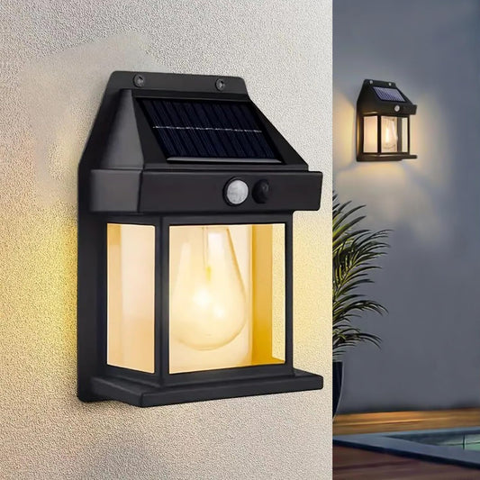 Solar-powered wall light with motion sensor and warm yellow LED