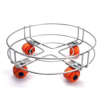 Stainless steel cylinder stand trolley with wheels in a home setting