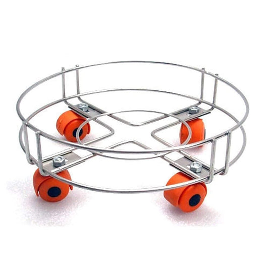 Stainless steel cylinder stand trolley with wheels in a home setting