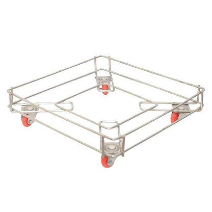 Stainless steel oil container stand trolley in a kitchen setting