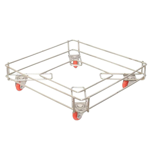 Stainless steel oil container stand trolley in a kitchen setting