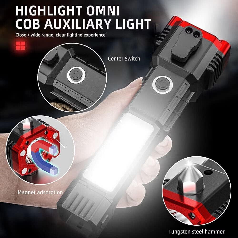 Torch with window glass breaker and seat belt cutter